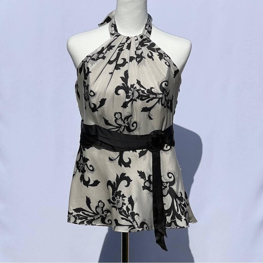 White House Black Market Silk Halter Blouse Floral Pattern with Black Sash